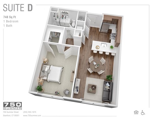Floor plan for 1 bed, 1 bath, 748 sqft